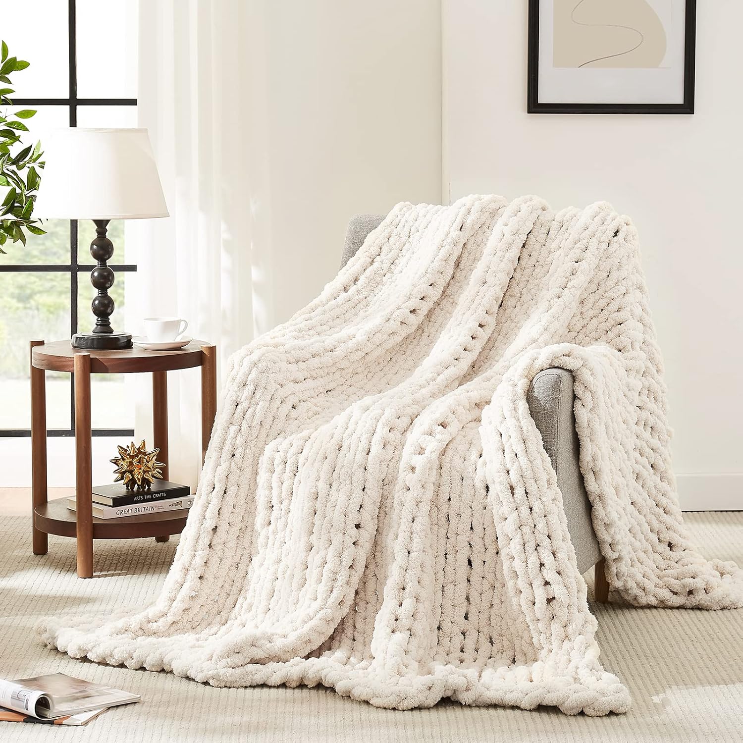 L'AGRATY Chunky Knit Blanket Throw,Soft Chenille Yarn Throw 50x60，Handmade Thic...