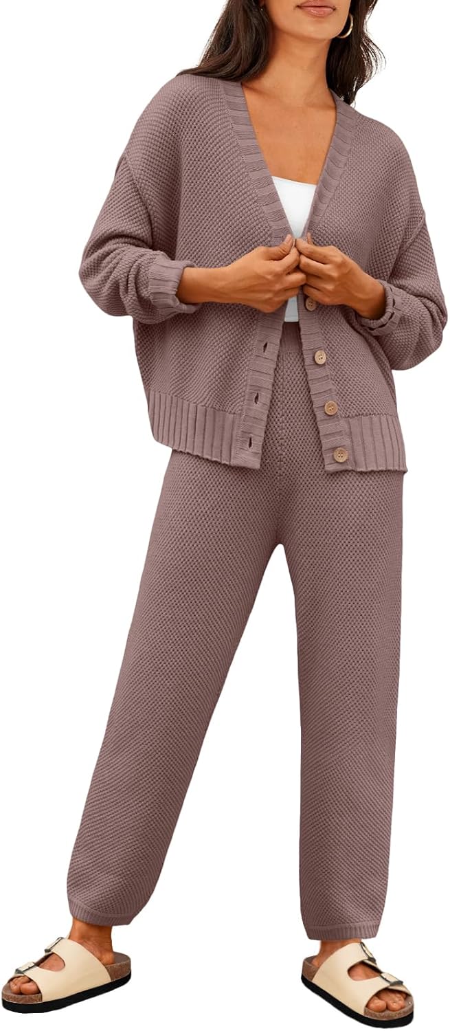 LILLUSORY Womens Cardigan Pants Sets 2 Piece Slouchy Sweater Loungewear Nutmeg L...