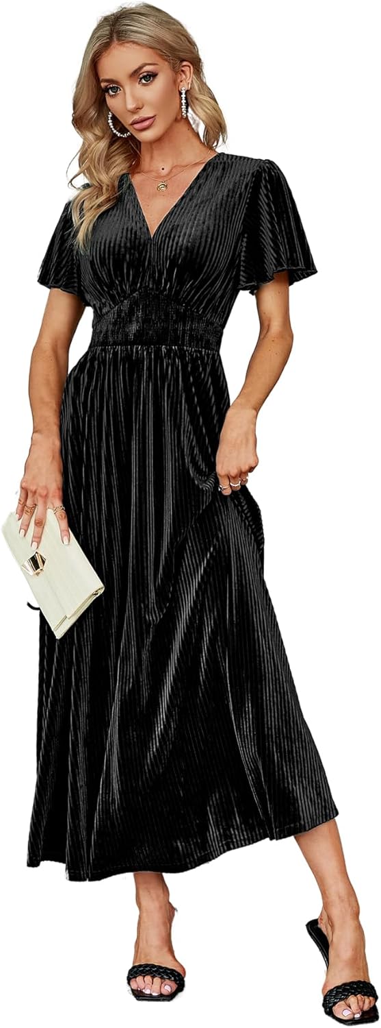Simplee Women's Velvet Maxi Dress, Elegant V Neck Velvet Long Dress, Special Emp...