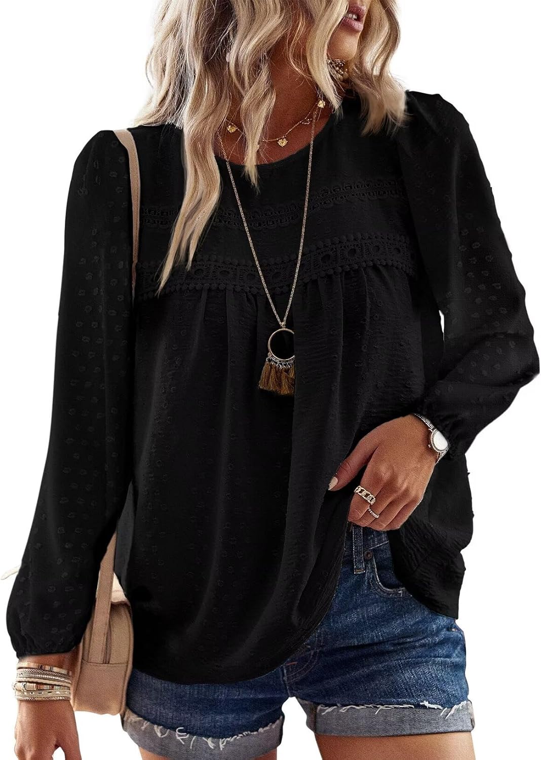 Womens Fall Tops Crewneck Long Sleeve Shirts Casual Chiffon Blouses Flowy Lace H...