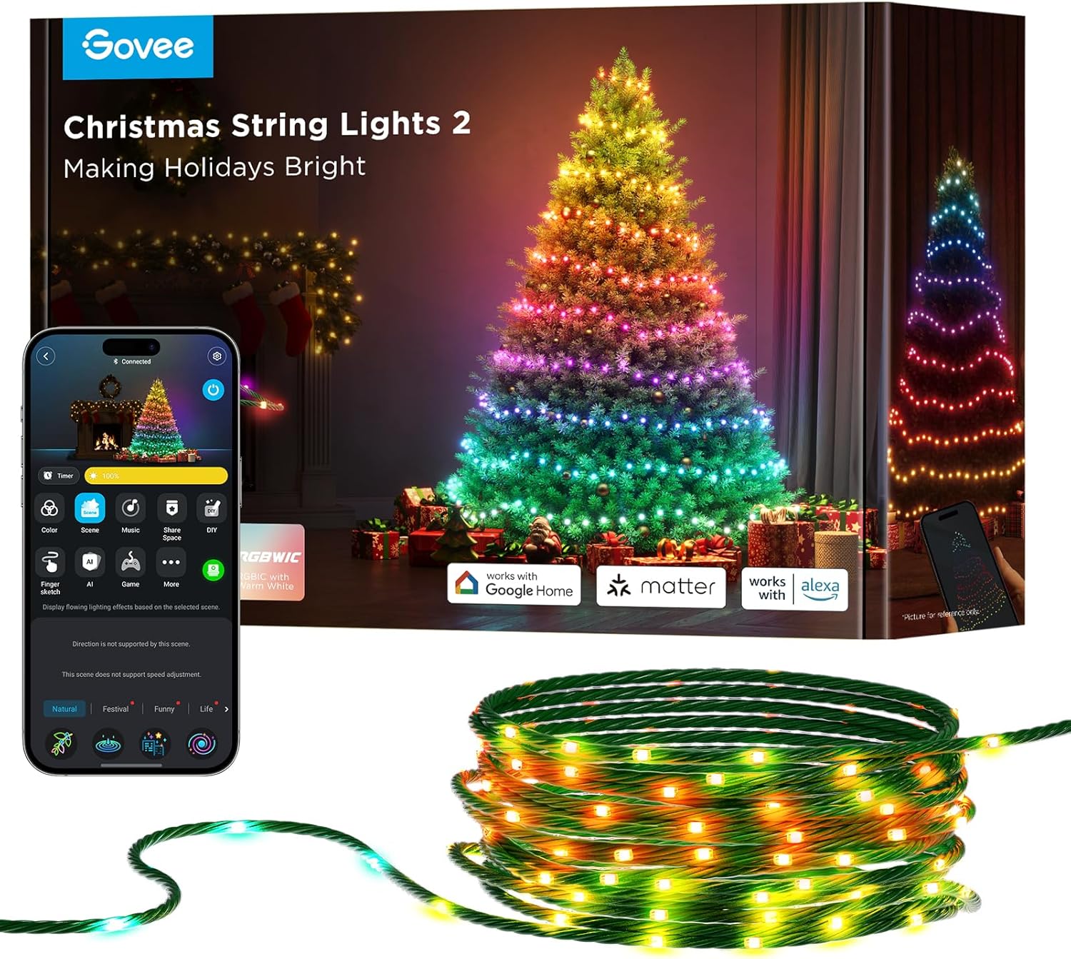 Govee Christmas Lights 2, RGBWIC 99FT 300LEDs Holiday String Lights with Shape M...