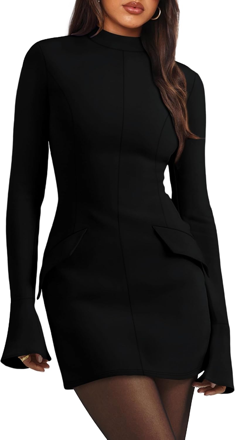 OFEEFAN Women's Fall Long Sleeve Mock Neck Dress Basic Party Club Bodycon Mini D...