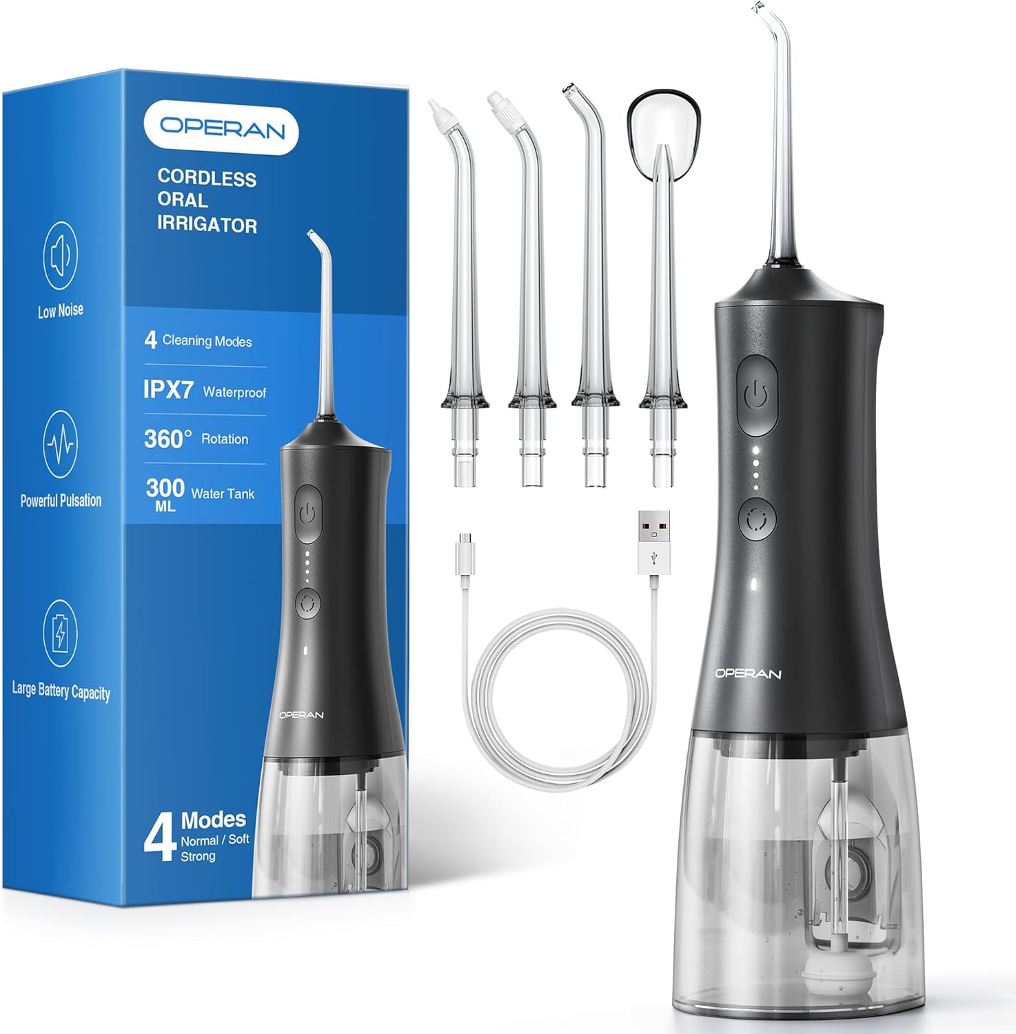 Operan Water Dental Flosser for Teeth Cordless, 300ML Rechargeable Oral Irrigato...