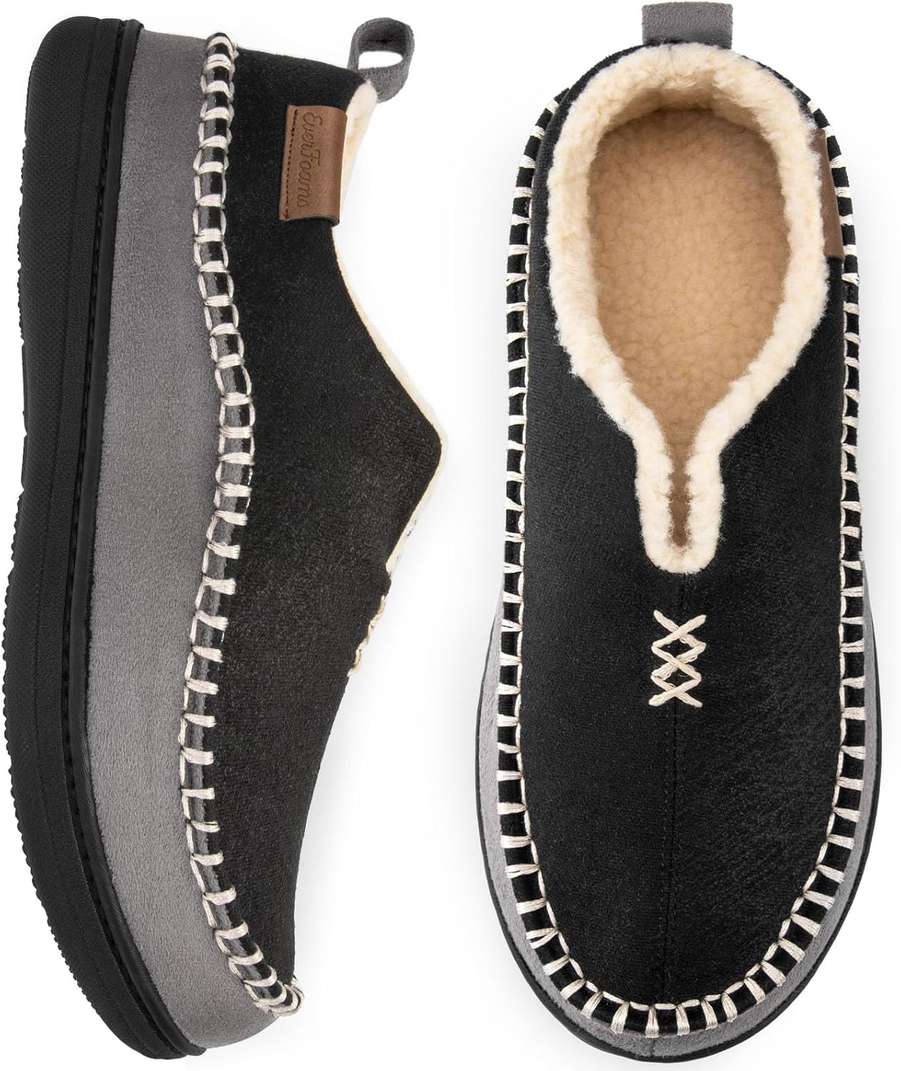 EverFoams Men's Micro Suede Memory Foam Moccasin Slippers with Fuzzy Sherpa Lini...
