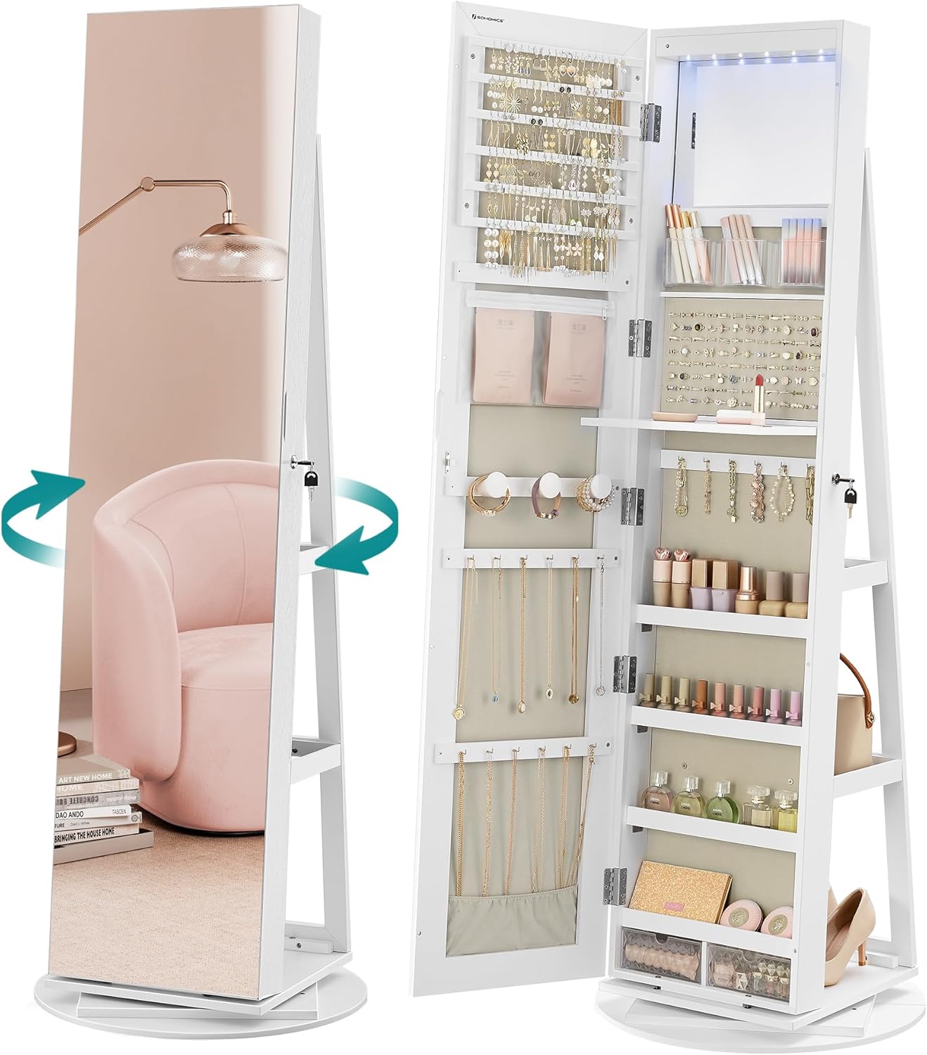 SONGMICS 6 LEDs Mirror Jewellery Cabinet, 360° Swivel Jewellery Storage Organise...