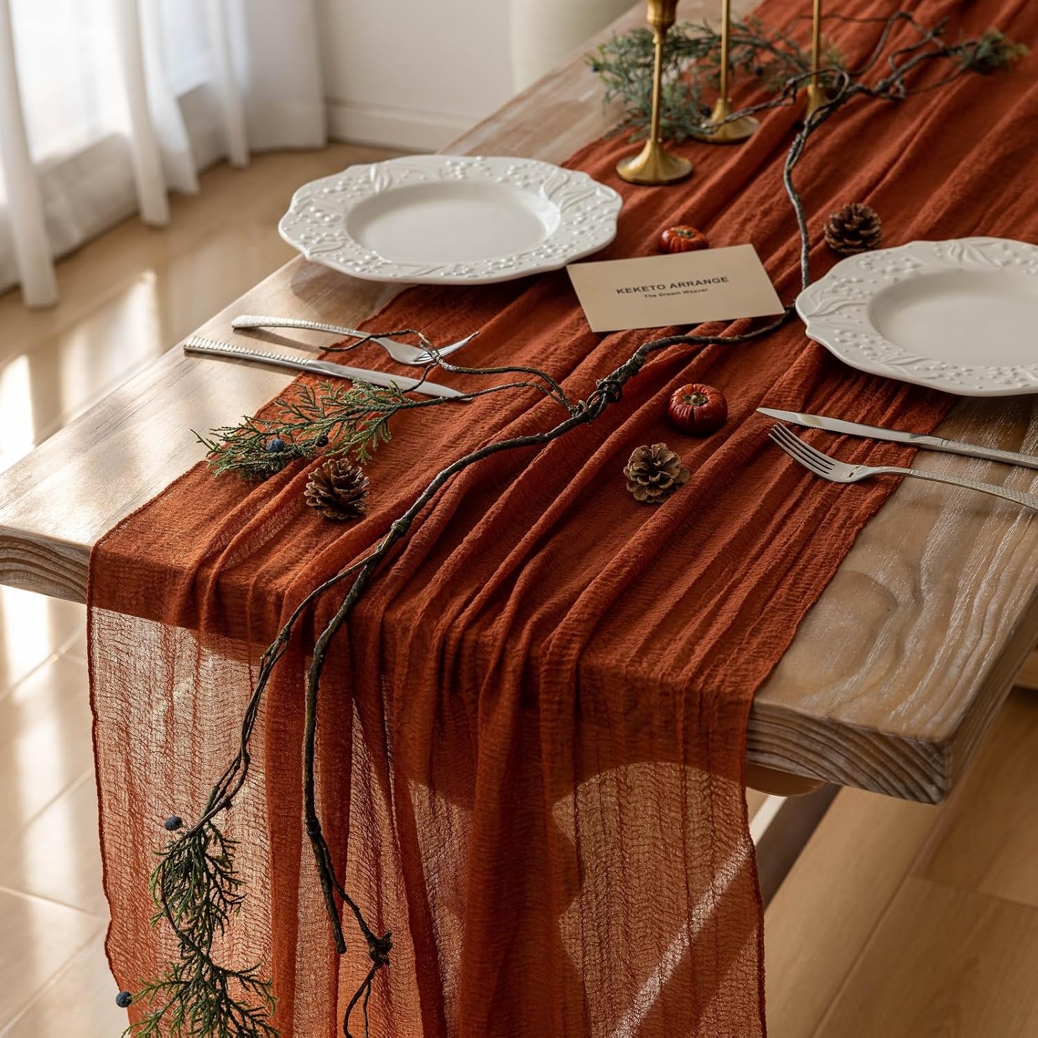 Thanksgiving Fall Table Runner Terracotta Gauze 120 Inch 10 FT Rustic Burnt Oran...