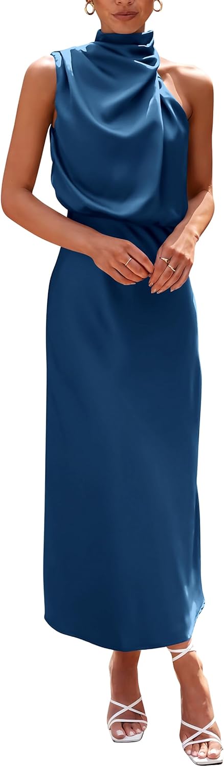 PRETTYGARDEN Women's 2025 Summer Satin Dress Elegant Sleeveless Mock Neck Cockta...