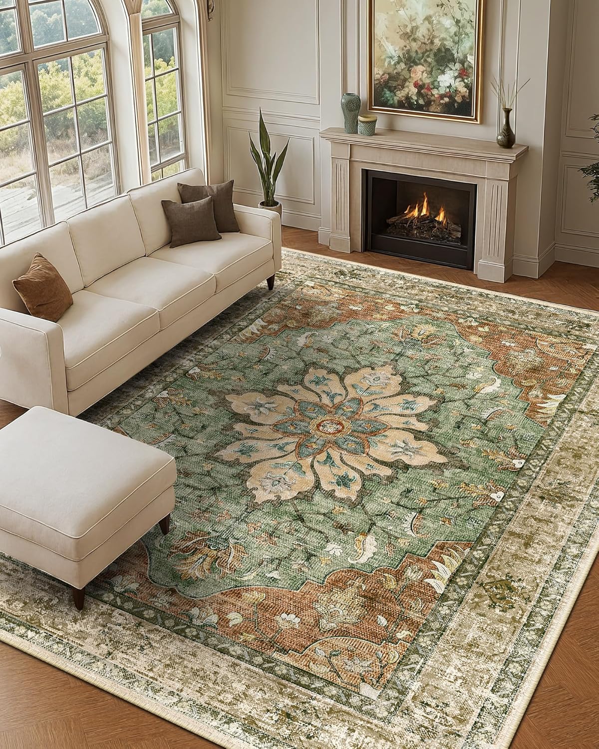 Area Rugs 9'x12' Washable Non-Slip, Floral Vintage Distress Print Pattern Medall...