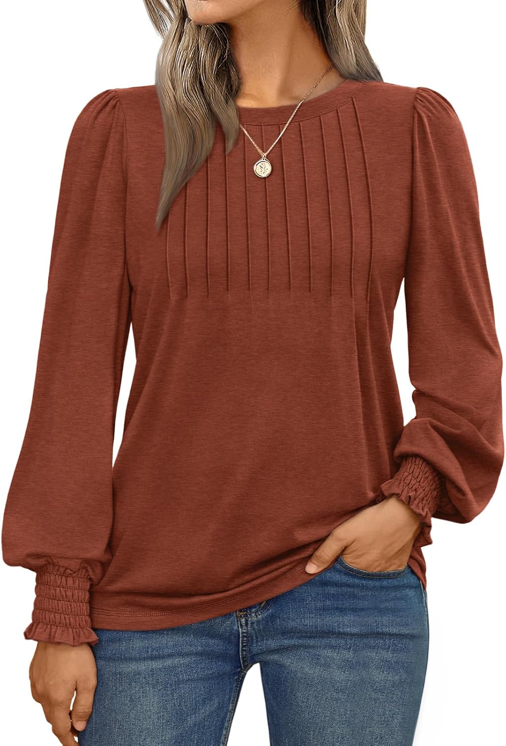 AUTOMET Long Sleeve Shirts Womens Pleated Business Casual Blouses with Smocked C...