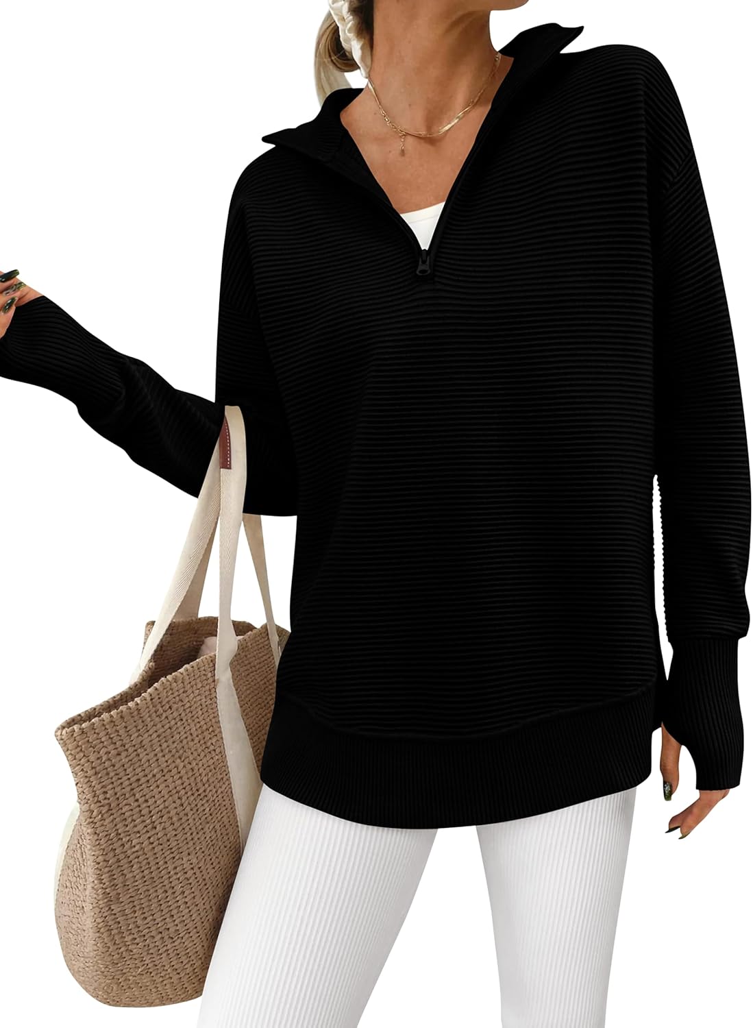 PRETTYGARDEN Womens Long Sleeve Quarter Zip Pullover Sweater Casual Loose V Neck...
