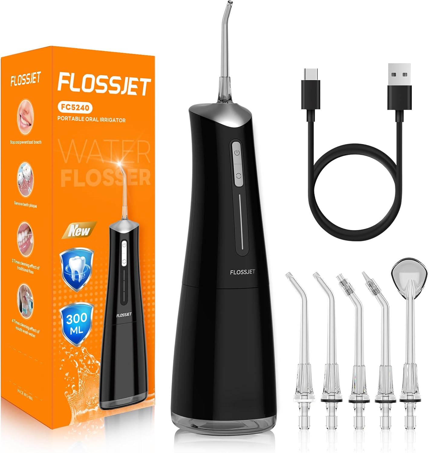 FlossJet Water Dental Flosser for Teeth Cordless with 300ML 4 Cleaning Modes 5 J...