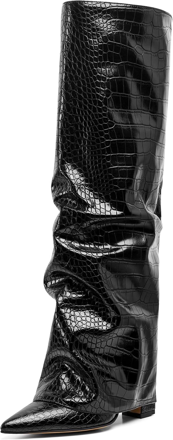 SaraIris Women's Slouchy Knee High Boots - Black, Pointed Toe, Fold Over, Chunky...