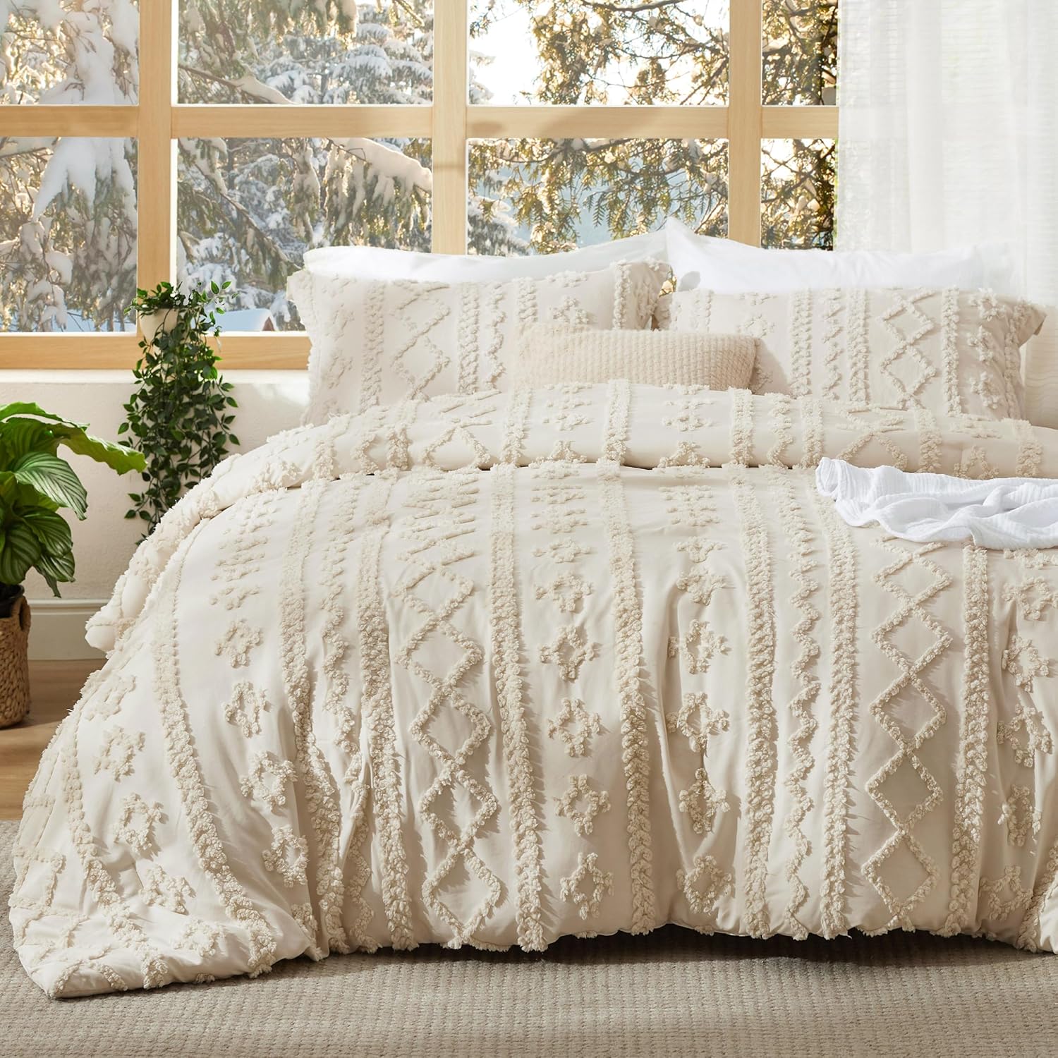 Bedsure Tufted Boho Comforter Set King Size - Beige Boho Bed Set, GentleSoft™ 3...