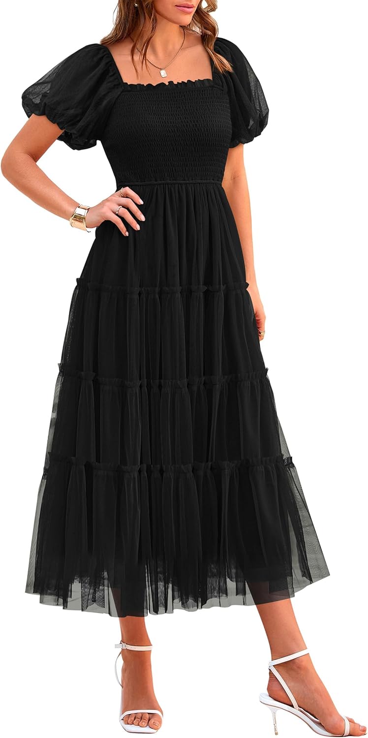 PRETTYGARDEN Women's Midi Dress, Special Summer Dress with Smocked Tulle, Unique...