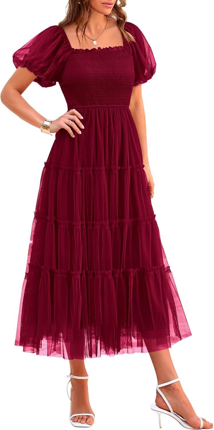 PRETTYGARDEN Women's Dress, Special Smocked Midi Tulle Dress for 2025 Summer, Hi...