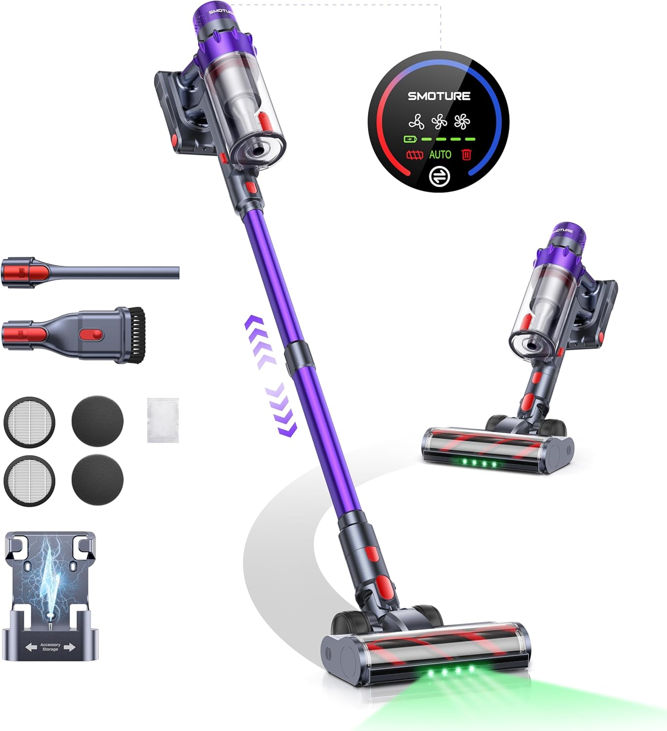 SMOTURE Cordless Vacuum Cleaner, 600W 50KPA Stick Vacuum with Touch Screen, Up t...