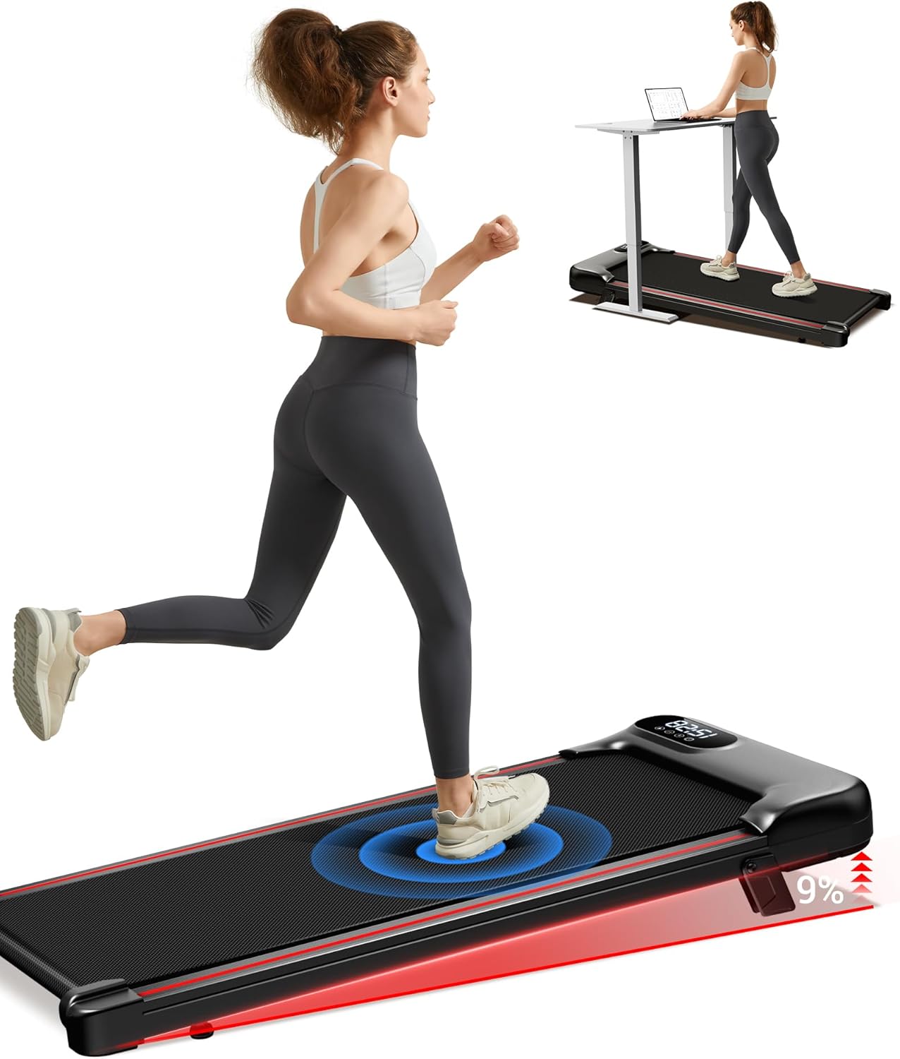 Walking Pad with 9% Incline, Under Desk Treadmills for Home office, Mini Portabl...