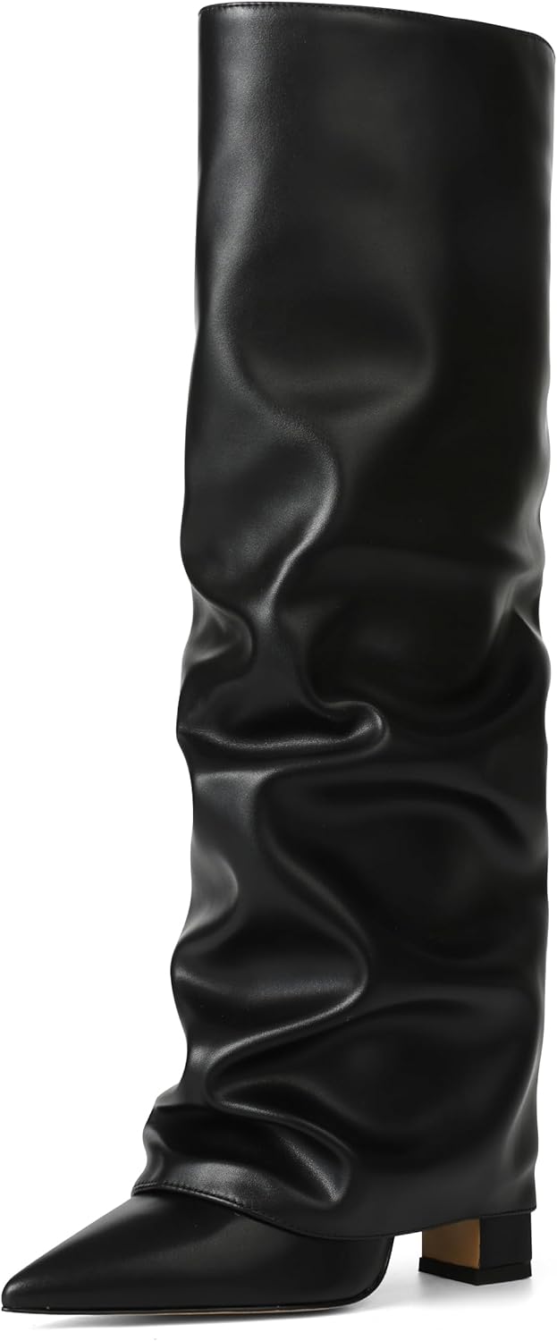 SaraIris Women's Slouchy Knee High Boots - Black, Pointed Toe, Fold Over, Chunky...