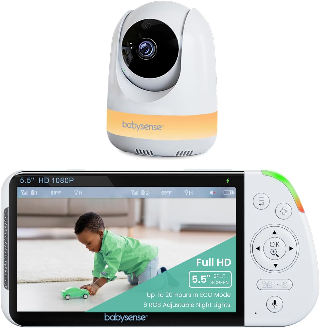 Babysense 5.5” 1080p Full HD Split-Screen Baby Monitor, Video Baby Monitor with...