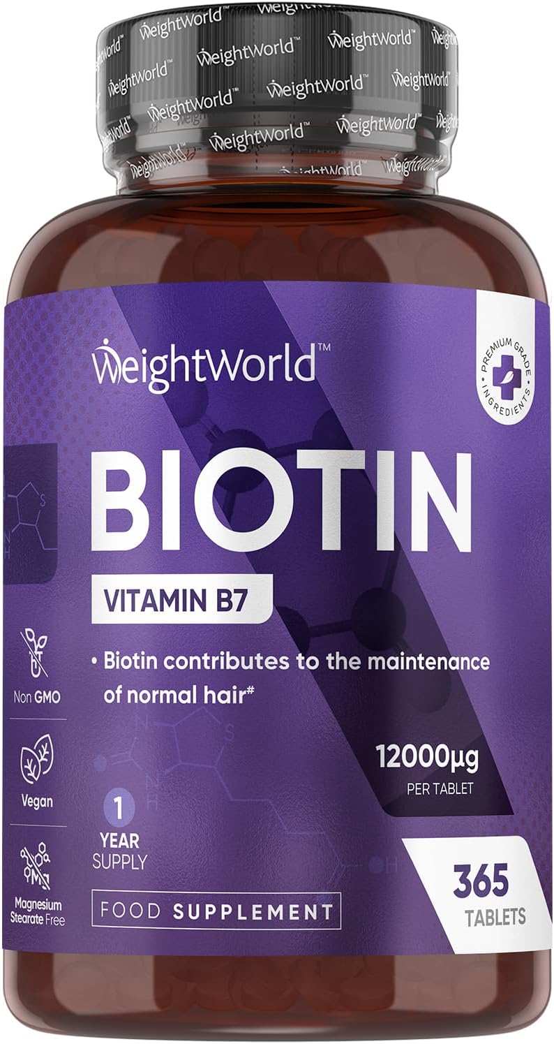 Biotin Tablets - 365 Vegan Tablets - 1 Year Supply - 1 Tablet-a-Day - 12000mcg B...