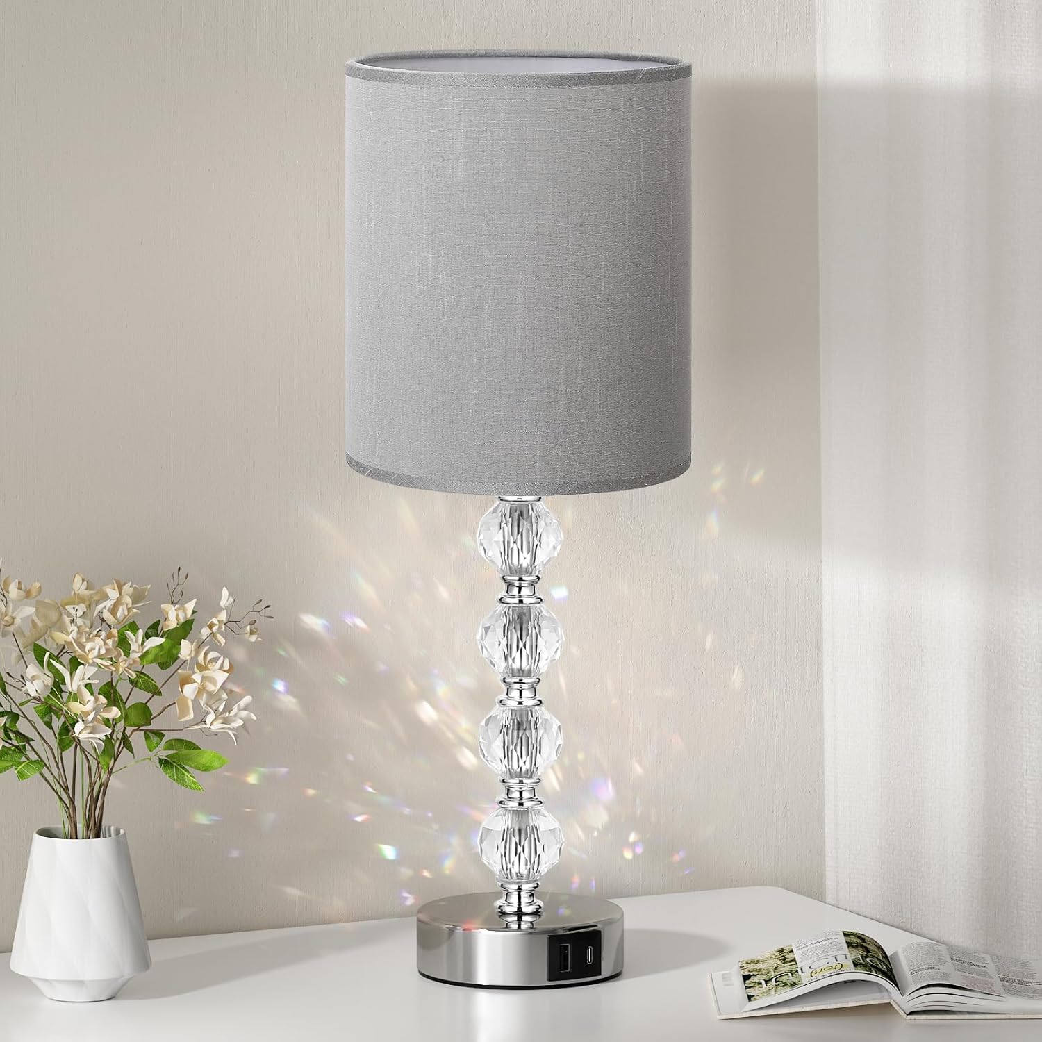Unique Aooshine Touch Crystal Lamp, Elegant Bedroom Lamp with Grey Shade, High-Q...