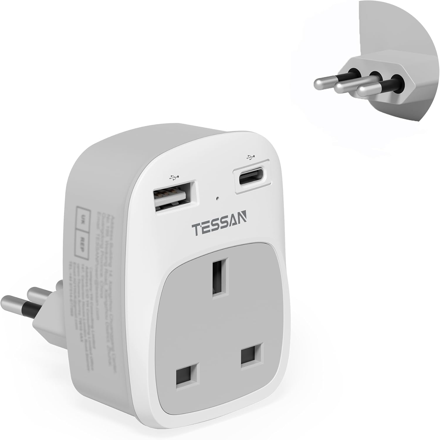 UK to Italy Plug Adapter, TESSAN Grounded Italy Plug Adapter with 2 USB Ports (1...