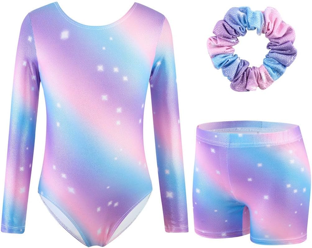 XiaoMoSha Girls Three-Piece Gymnastics Leotards Set Long Sleeve Leotards with Sh...