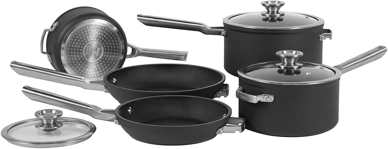 Ninja ZEROSTICK Stackable Cookware 5-Piece Pan Set, Non-Stick, 3 Saucepans with...