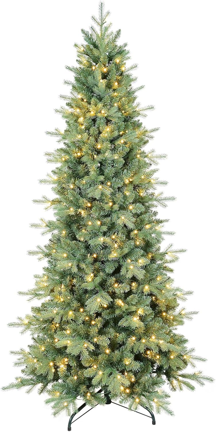 9 FT Prelit Artificial Skinny Christmas Tree, Unique Blue Spruce Slim Pencil Xma...