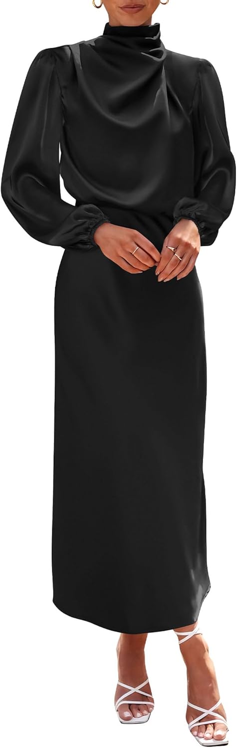 BTFBM Womens Mock Neck Satin Dress Summer Fall 2025 Long Sleeve High Waist Forma...