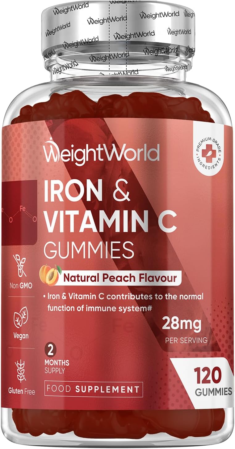 Iron Gummies - 28mg per Serving - 120 Gummies - with Vitamin C - 2 Months Supply...