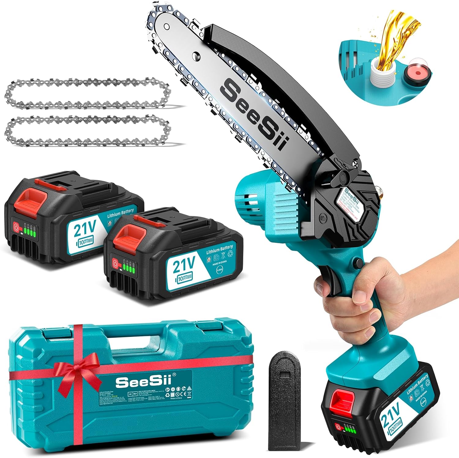 SEESII Mini Chainsaw Cordless 6 Inch with 2×4000mAh Batteries, Electric Saws for...