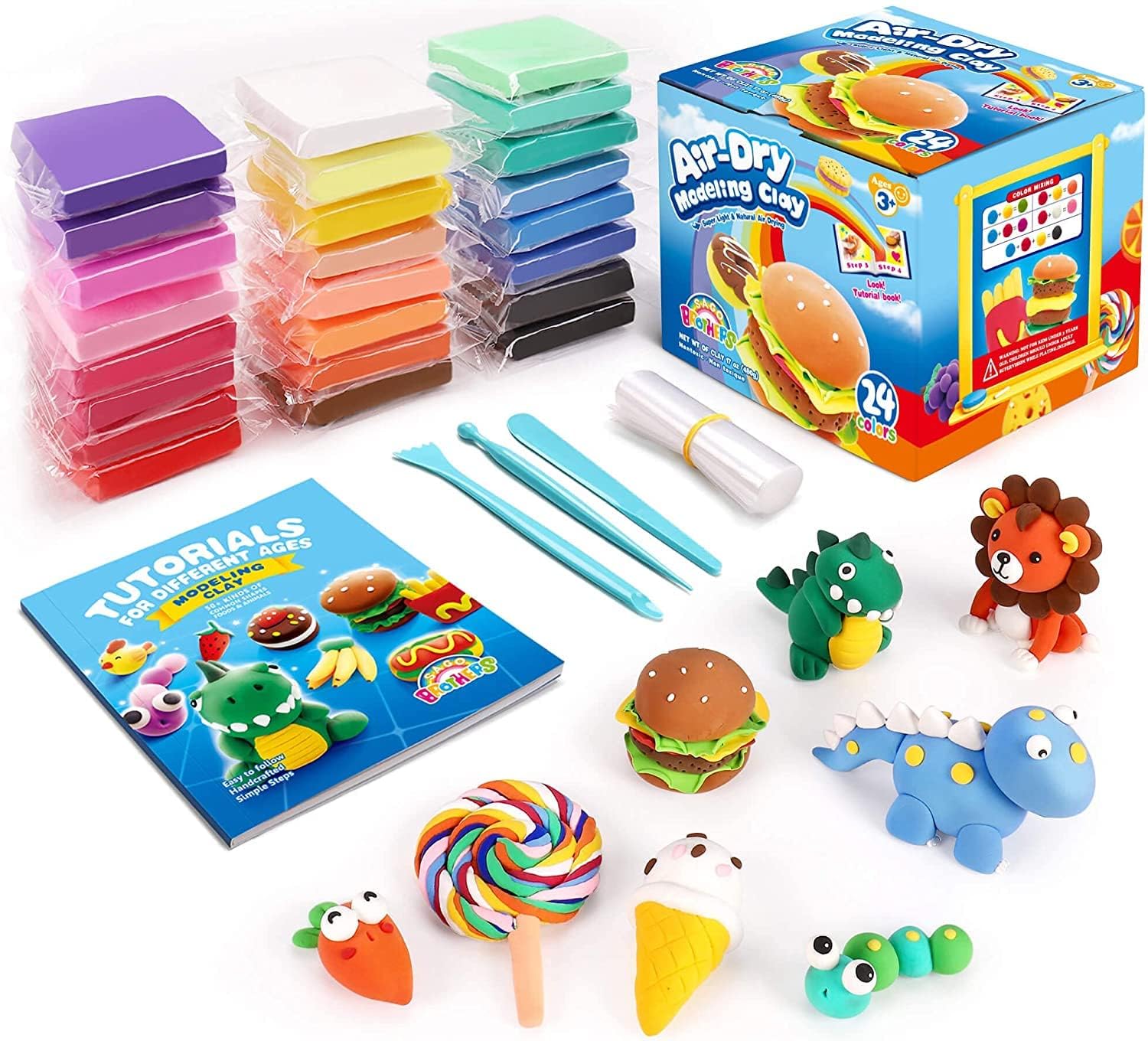 SAGO BROTHERS Air Dry Clay, 24 Colors Modelling Clay with 3 Tools & Project Book...