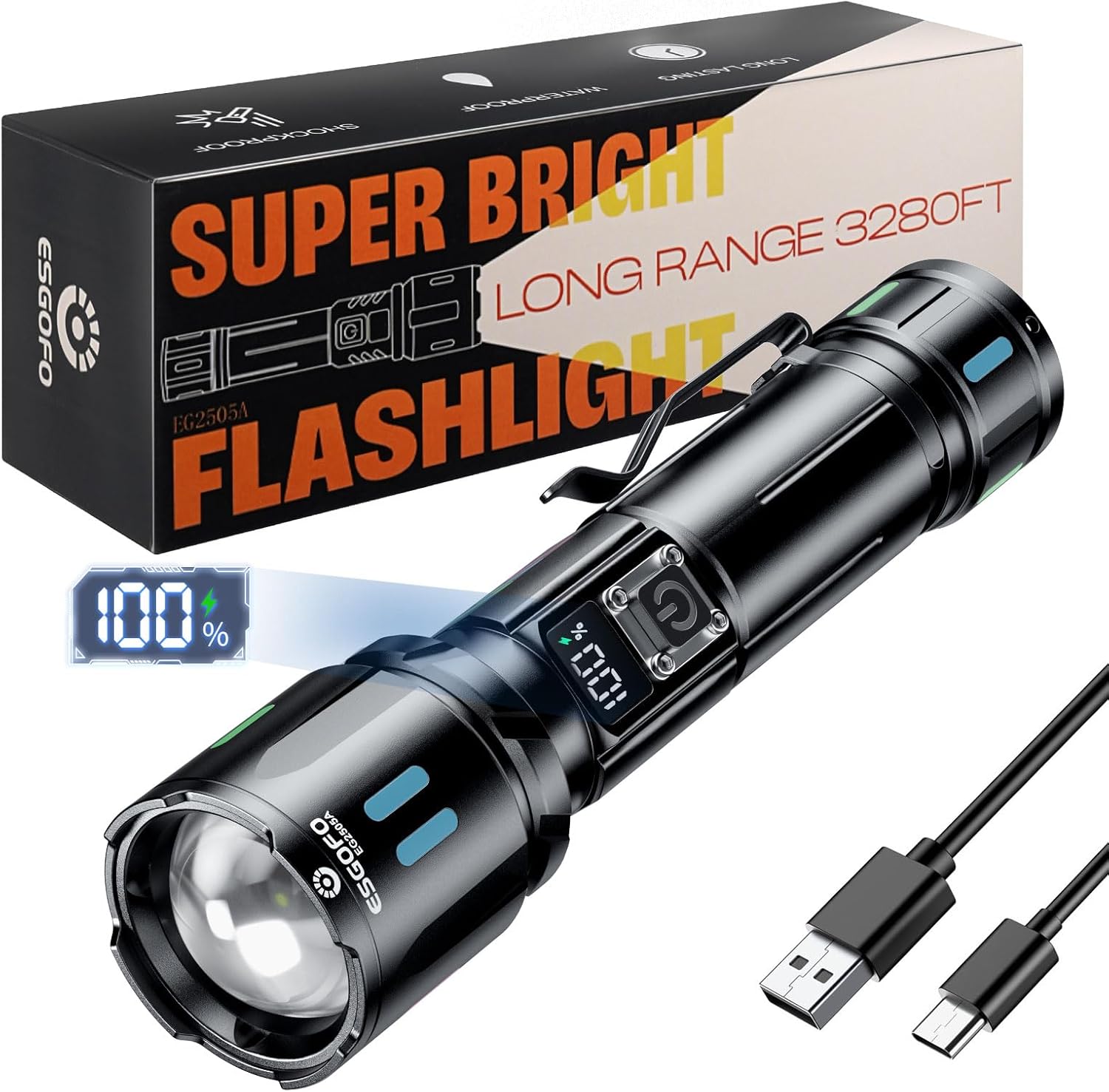 Esgofo Rechargeable Torch, Special Super Bright LED Flashlight with 500000 Lumen...