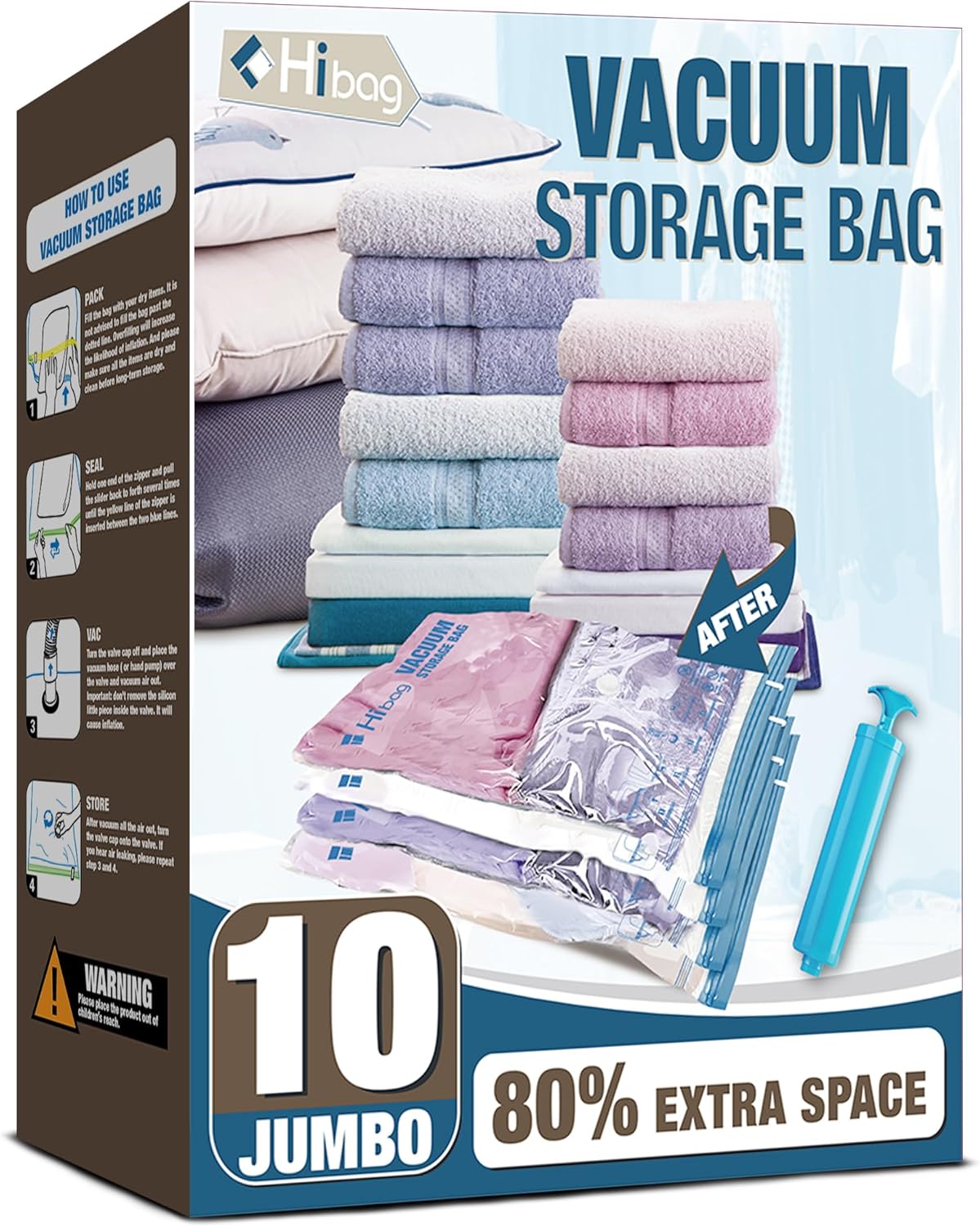 HIBAG Vacuum Storage Seal Bags, 10 Jumbo Space Saver Vacuum Sealer Bags for Clot...