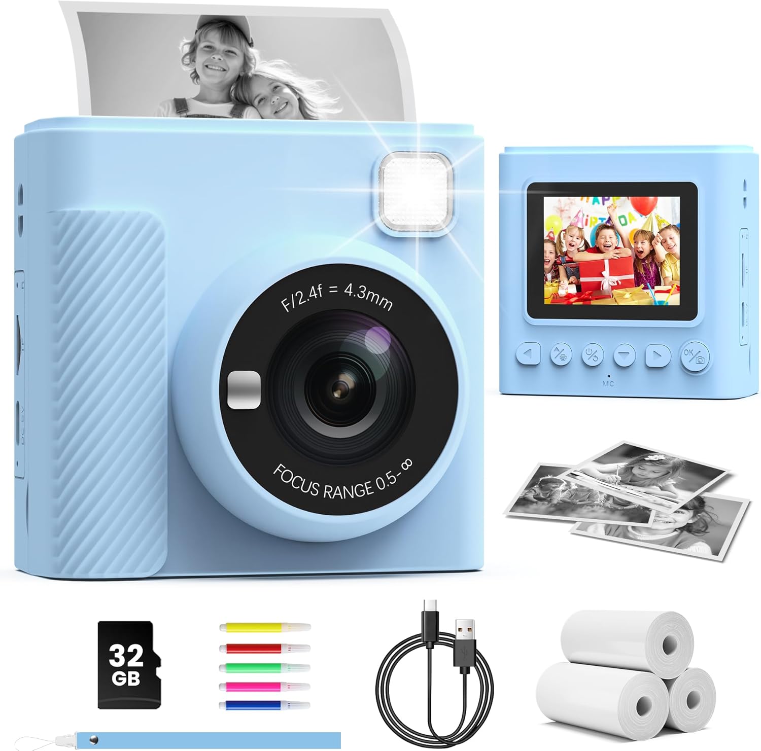 Kids Camera Instant Print, 2.4'' Instant Camera for Kids with 32G Card & Print P...