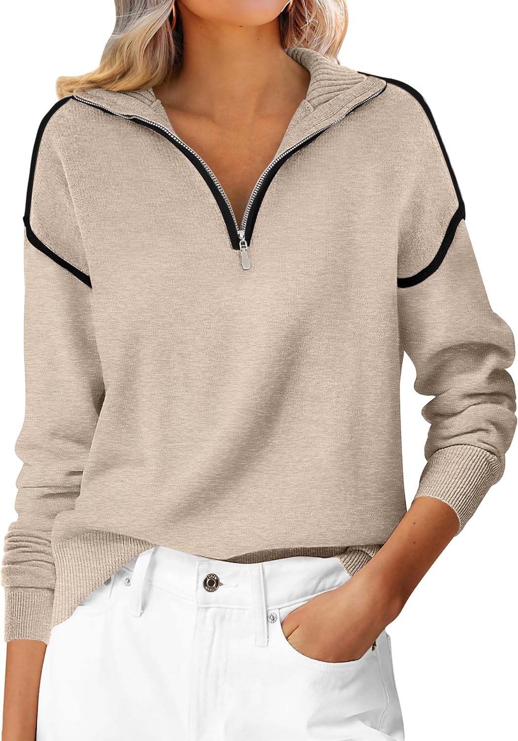 ANRABESS Womens Quarter Zip Sweaters Fall Long Sleeve V Neck Shirts Collared Bus...
