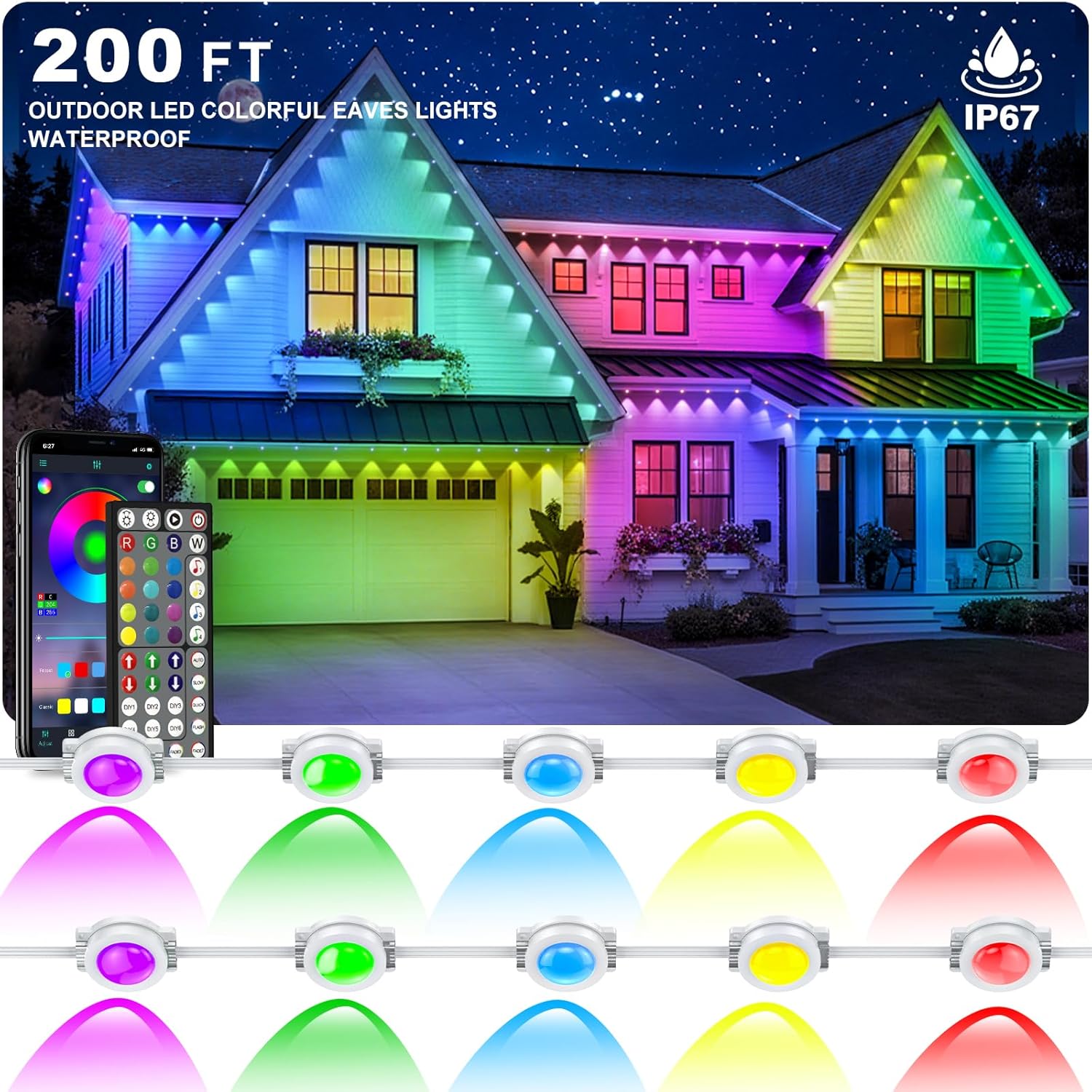 Permanent Outdoor Lights, Unique 200FT RGB Eave Light, High-Quality IP67 Waterpr...