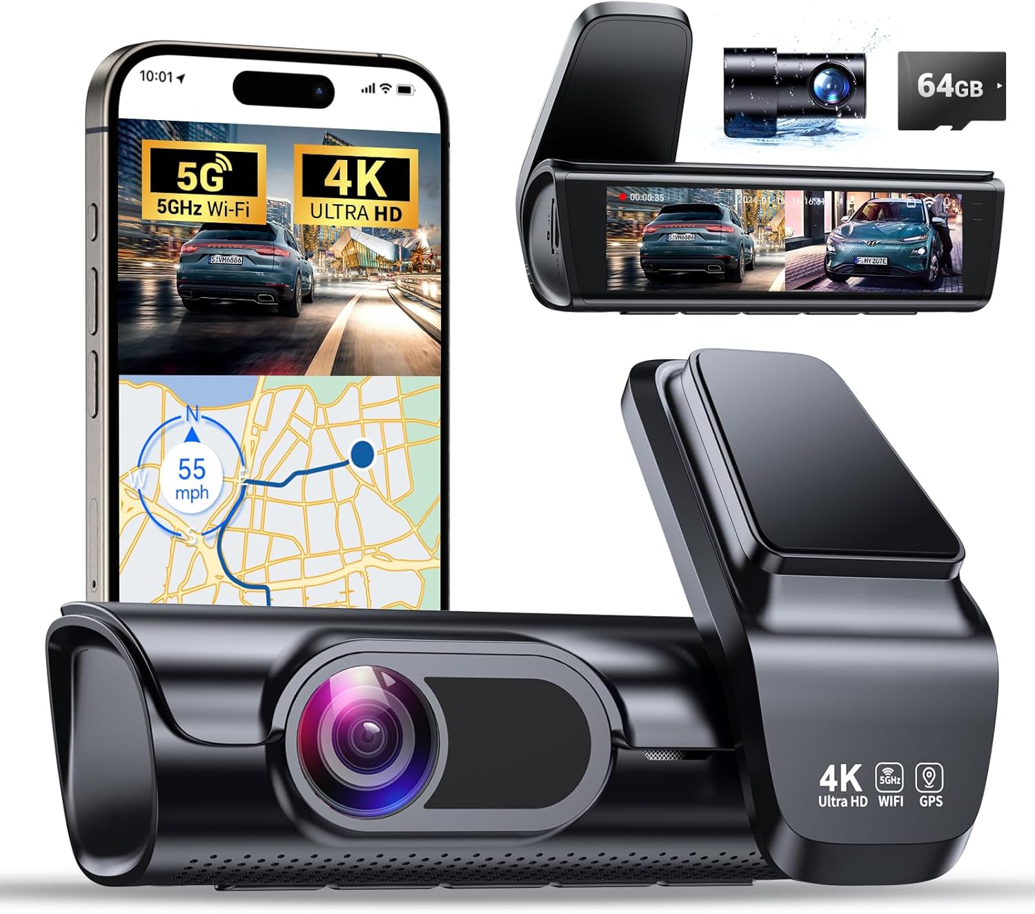 K600 4k Dash Cam Front and Rear, 3.59" IPS Screen, Built-in GPS 5G WiFi Dash Cam...