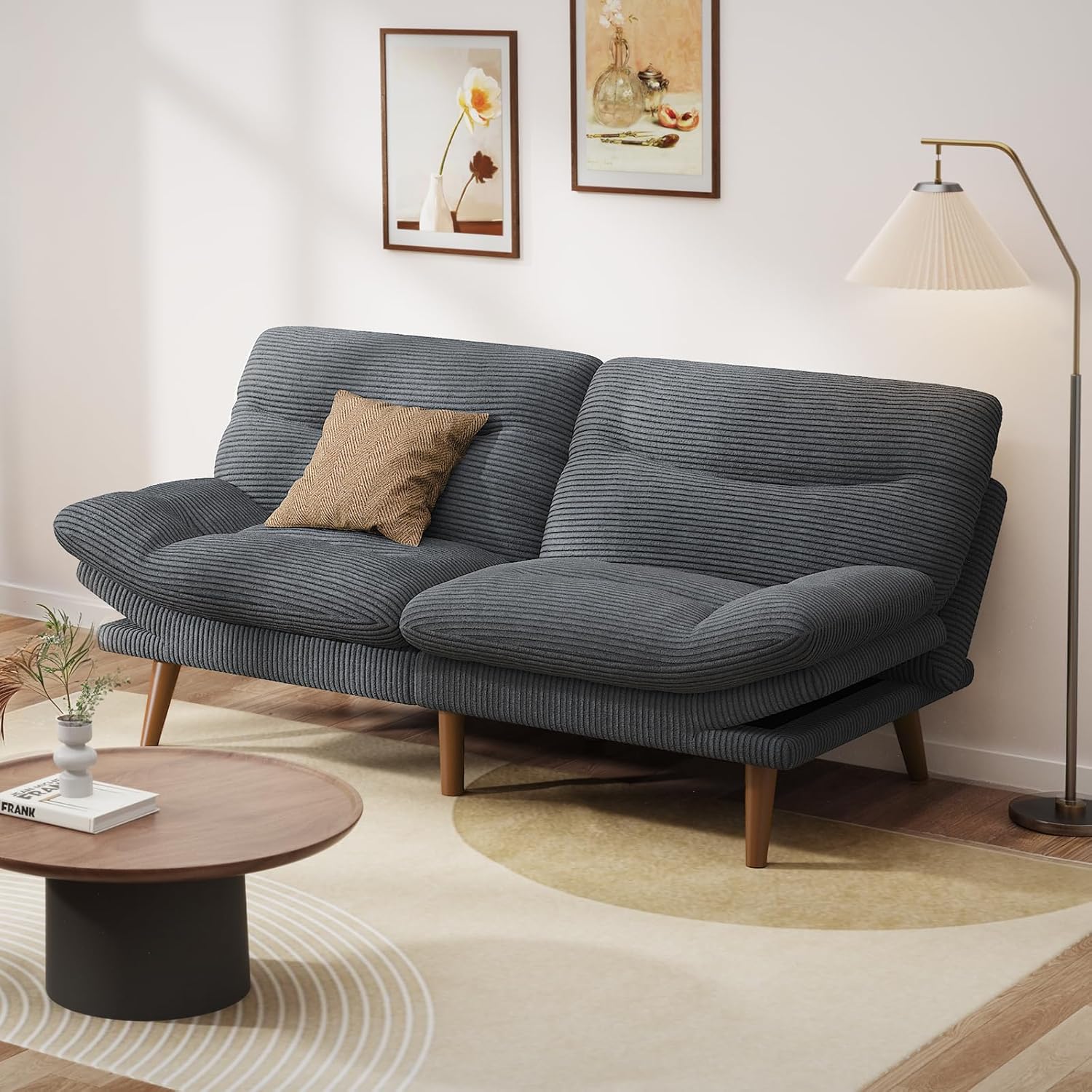 Pipishell Convertible Futon Sofa Bed,66" Corduroy Futon Couch with Adjustable Ba...