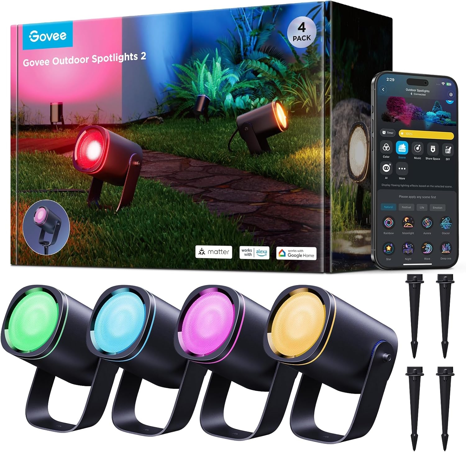 Govee Outdoor Spot Lights 2, IP67 Waterproof Spotlights, Landscape Lights Work w...