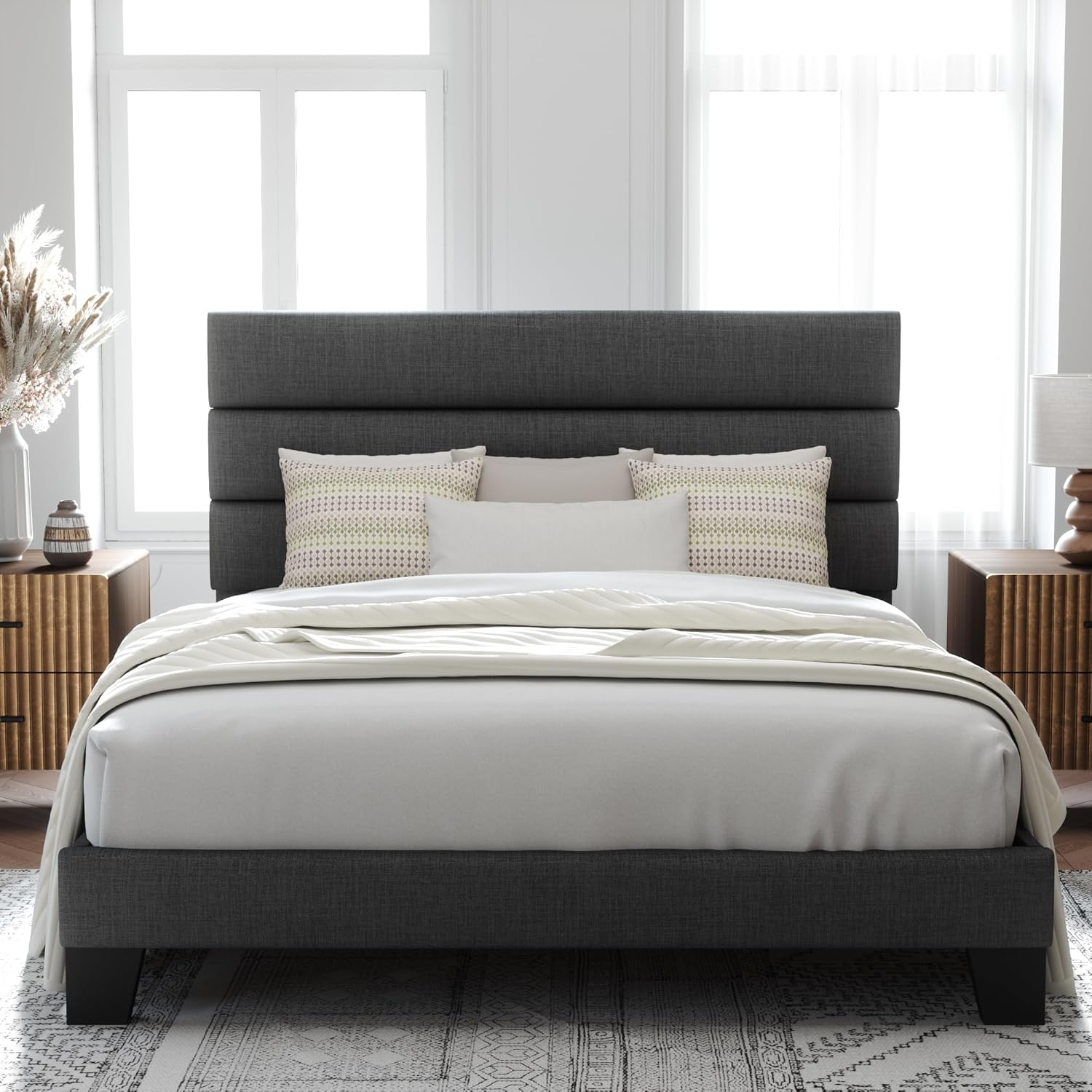 Allewie Queen Size Platform Bed Frame with Fabric Upholstered Headboard and Wood...