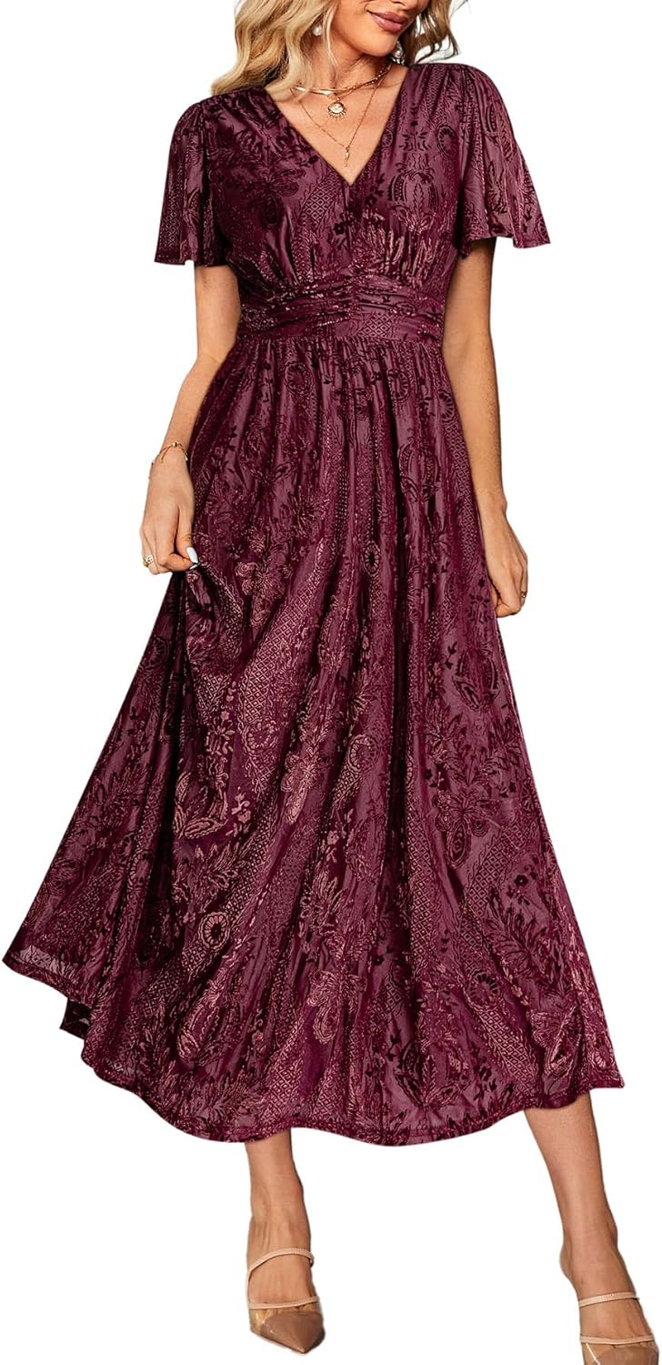 Simplee Women’s V Neck Velvet Maxi Dress Short Sleeve Empire Waist Long Formal D...