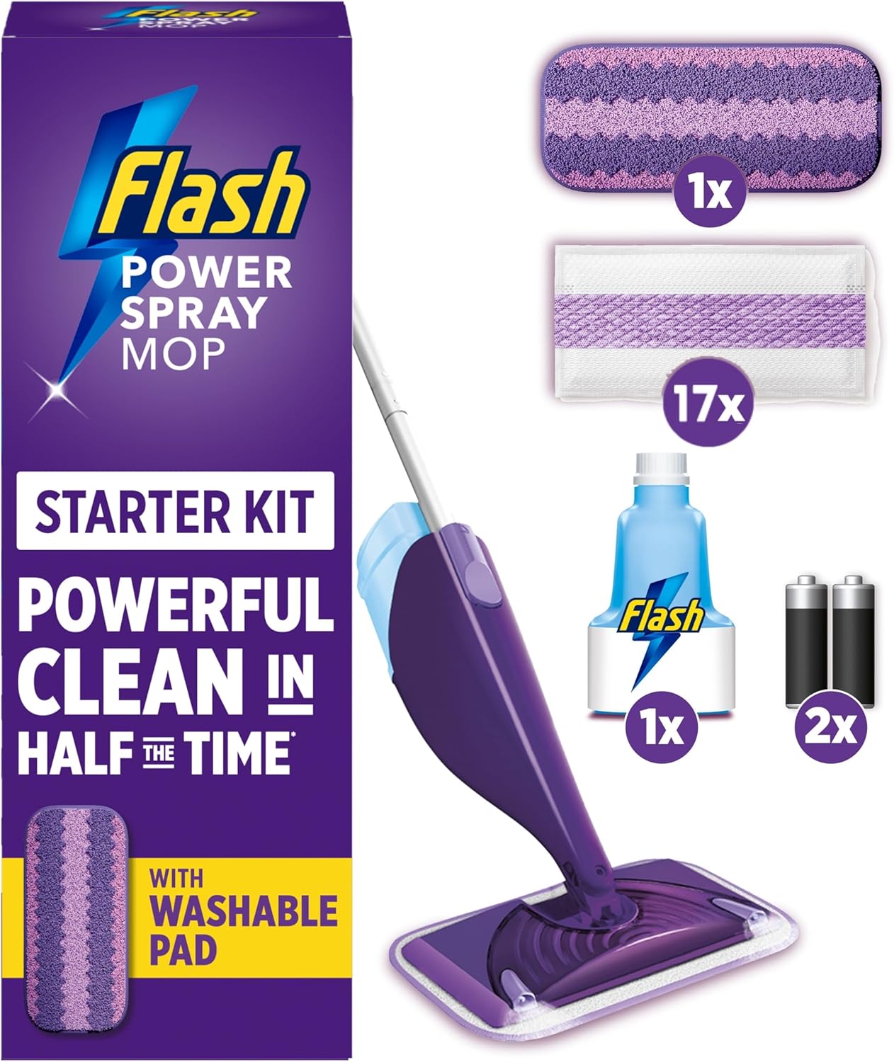 Flash Power Spray Mop Floor Cleaner Starter Kit (1 Washable + 17 Disposable Pads...
