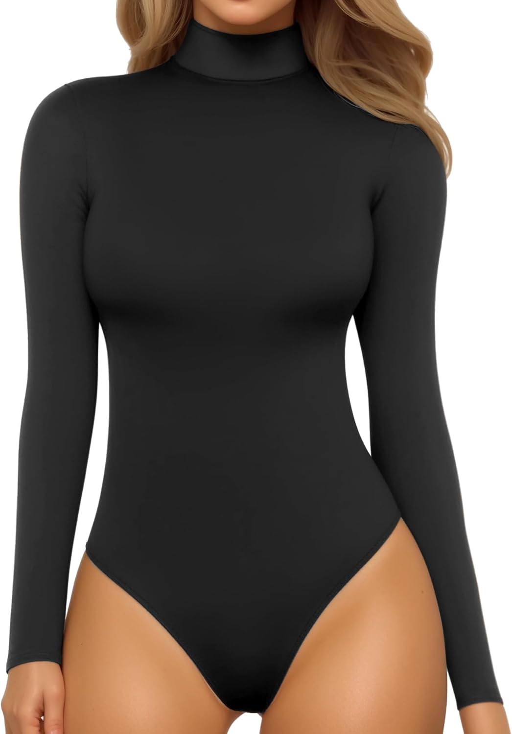 MANGOPOP Women's Mock Turtle Neck Long Sleeve Tops Bodysuit Jumpsuit Small 01 Lo...