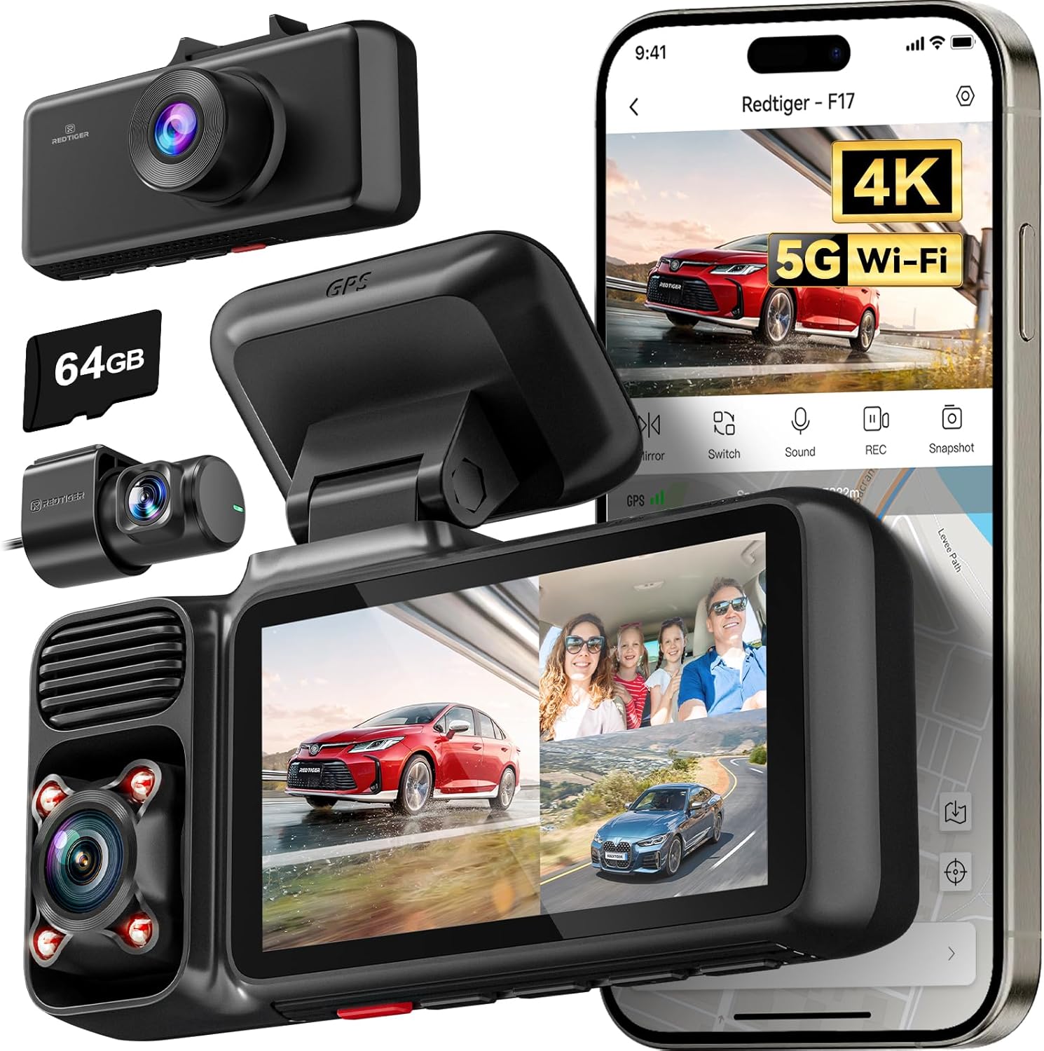 REDTIGER F17 4K 3 Channel Dash Cam, 5GHz WiFi Built-in GPS with 64GB Card, 2160P...