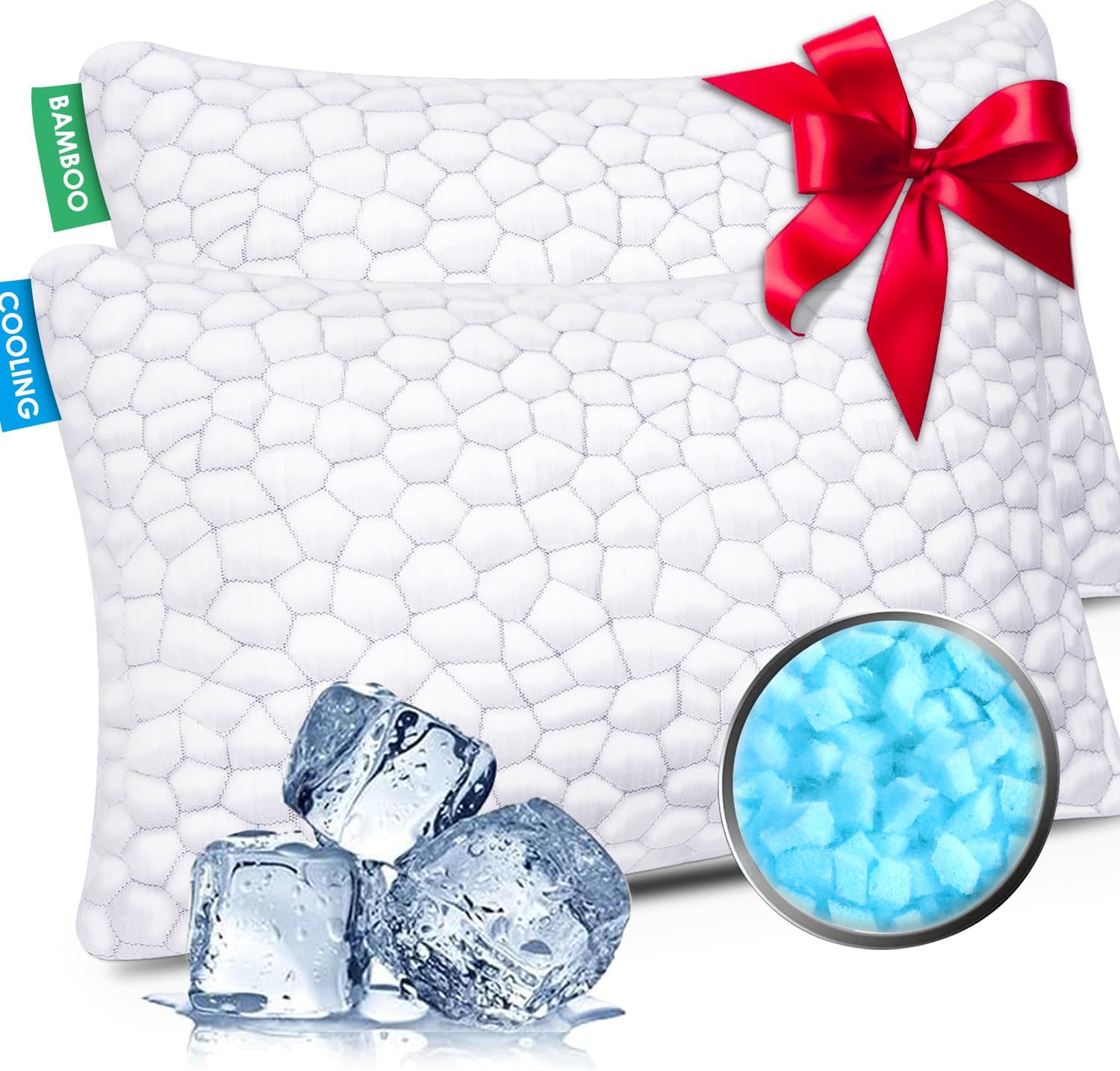 Cooling Bed Pillows Queen Size Set of 2, Shredded Memory Foam Pillows for Sleepi...