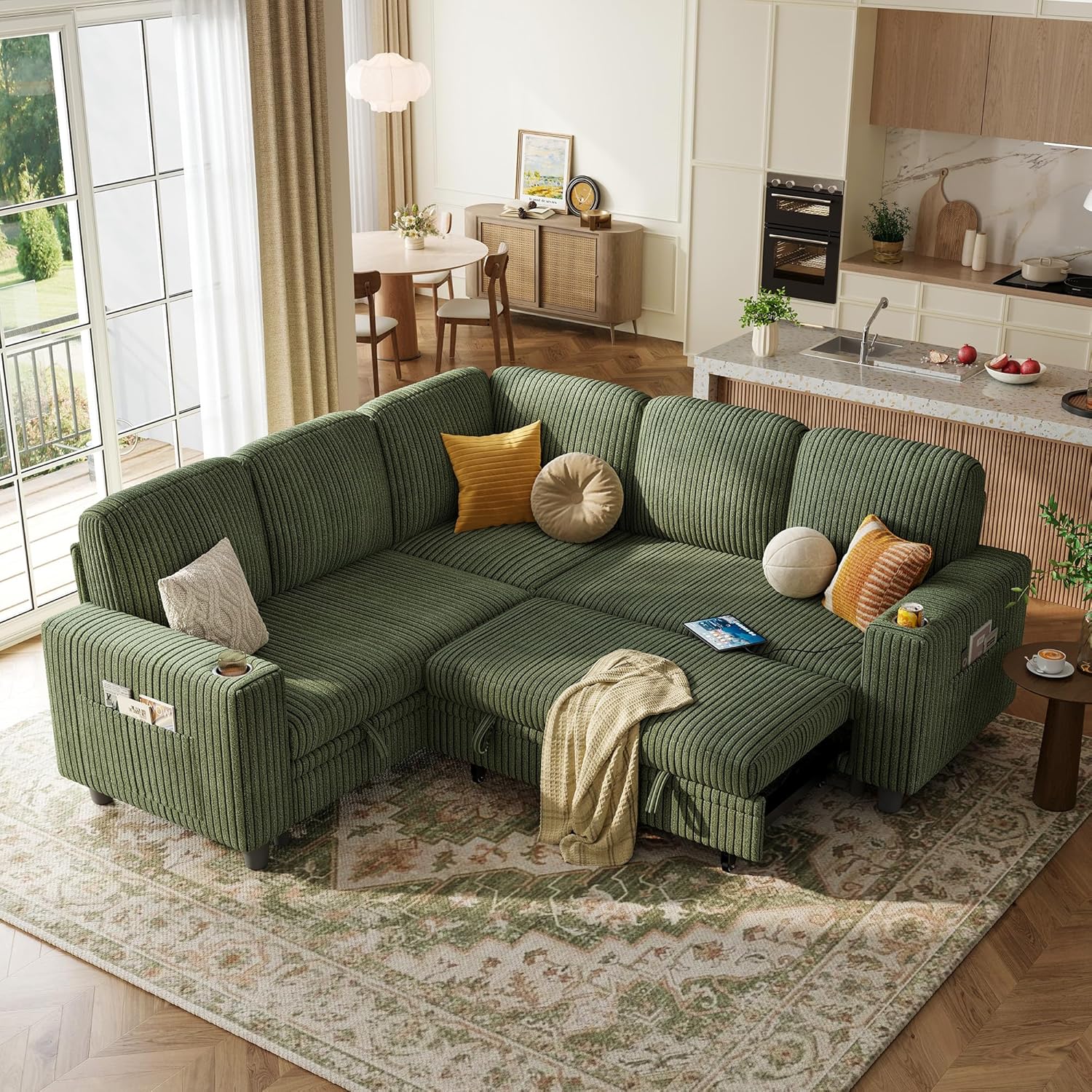 LINSY HOME Sectional Sleeper Sofa with Pull Out Couch Bed - Convertible Plush Co...