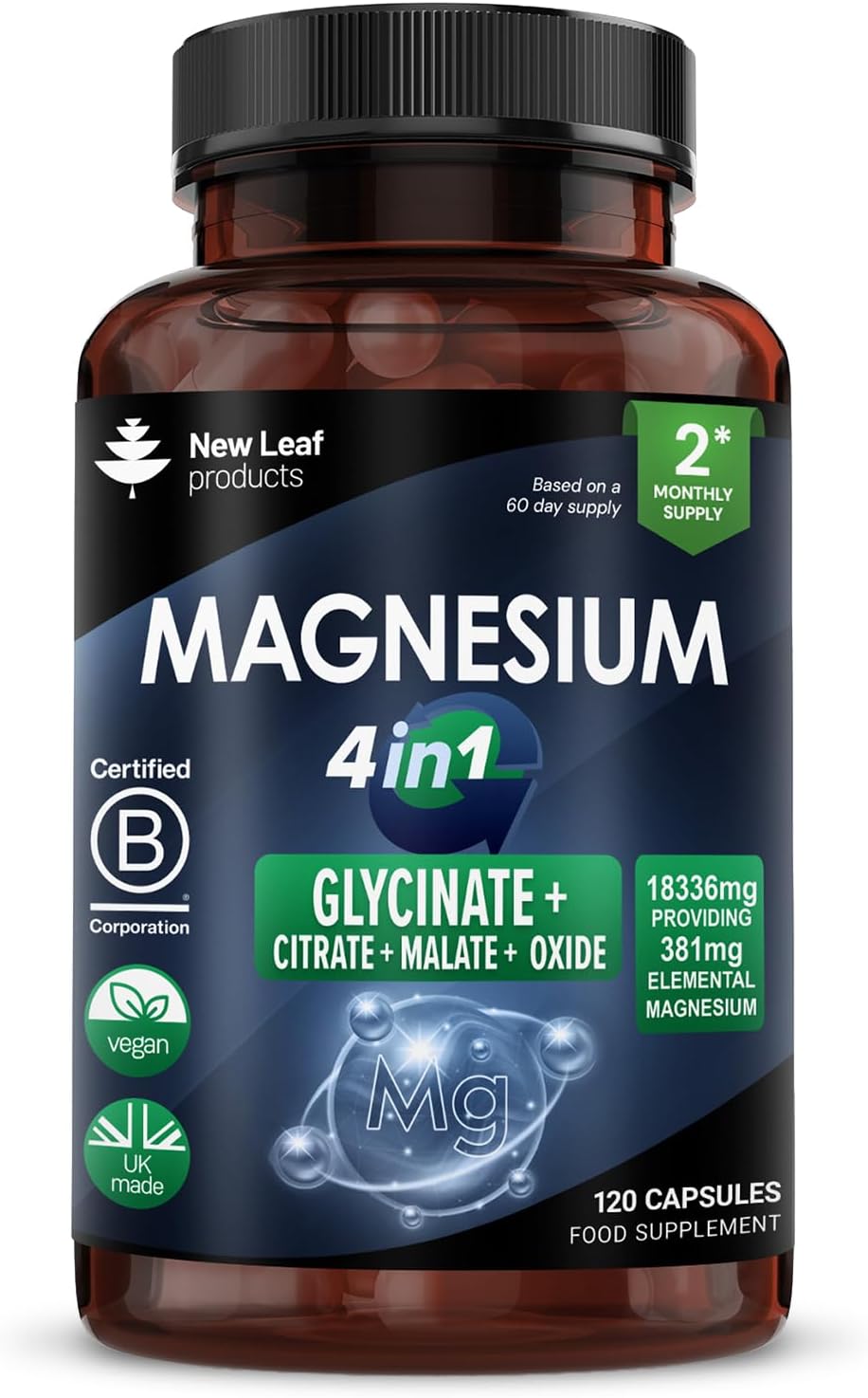 Magnesium Glycinate 4-in-1 Complex 1836mg – 381mg Elemental Per Serving – High-S...