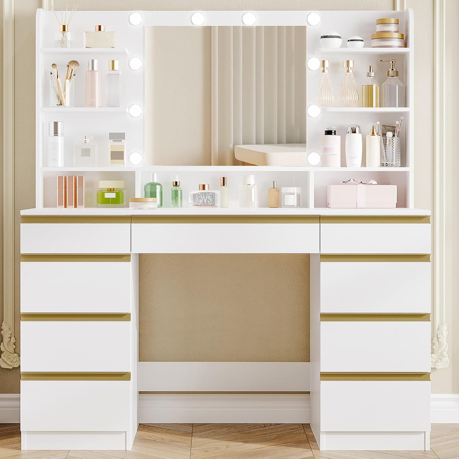 Hzuaneri Dressing Table with 10 LED Light Globes, Vanity Desk with 1 Large Drawe...